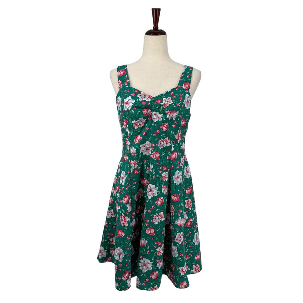 Vintage Royal Creations Hawaii Floral Fit Flare Sweetheart Dress L Green Cotton